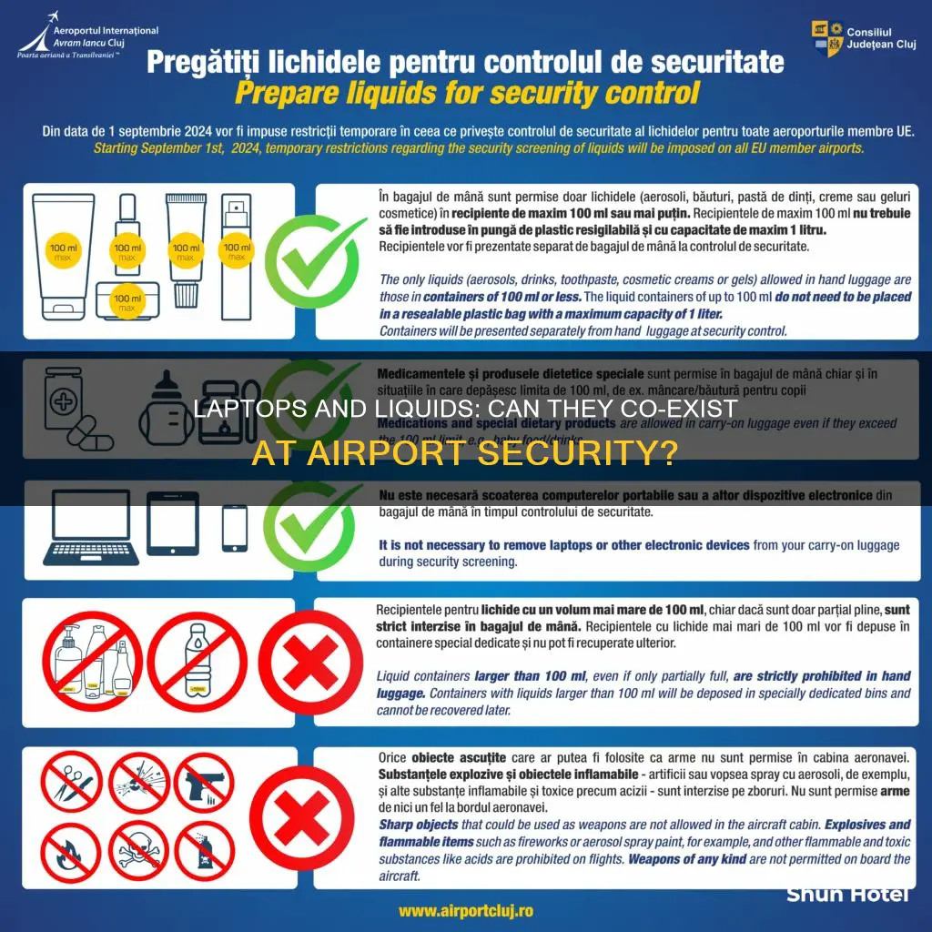 can laptop and liquids be in same bin at airport