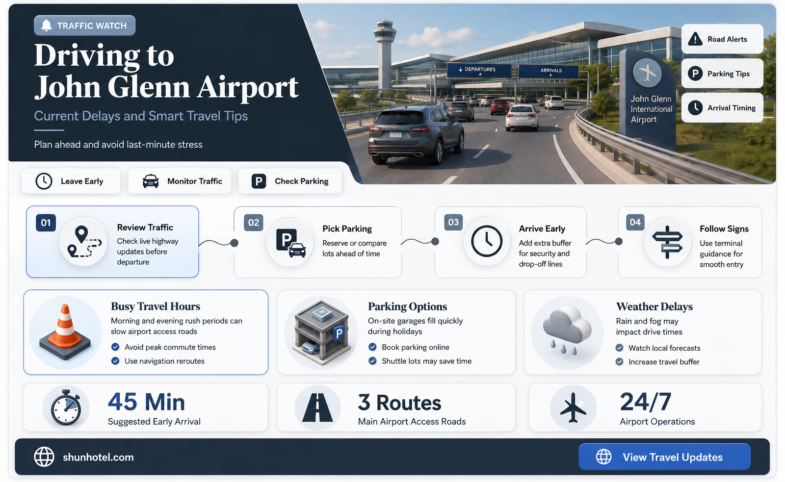 are there any driving delays to john glenn international airport