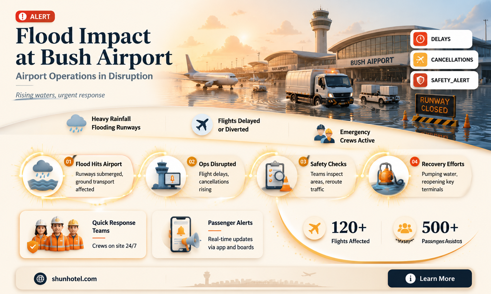 are flood waters affecting bush international airport