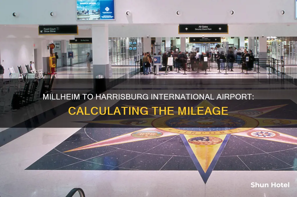 how many miles from millheim to harrisburg internation airport