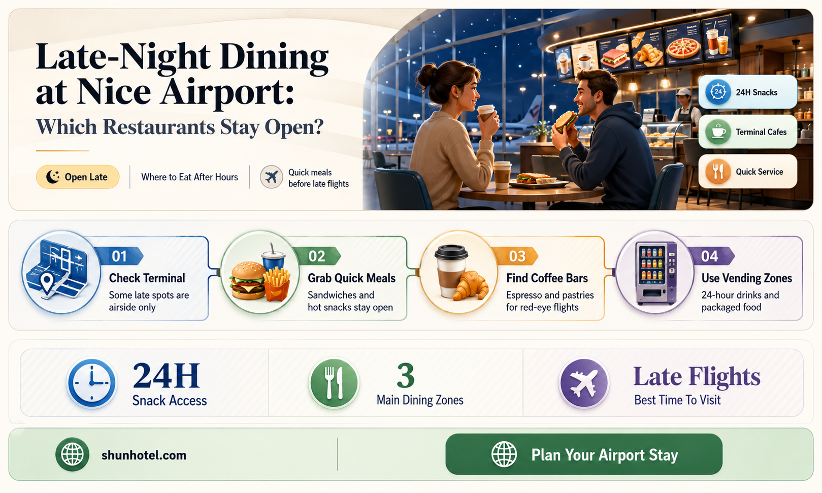 are there airport restaurants open late at nice airport